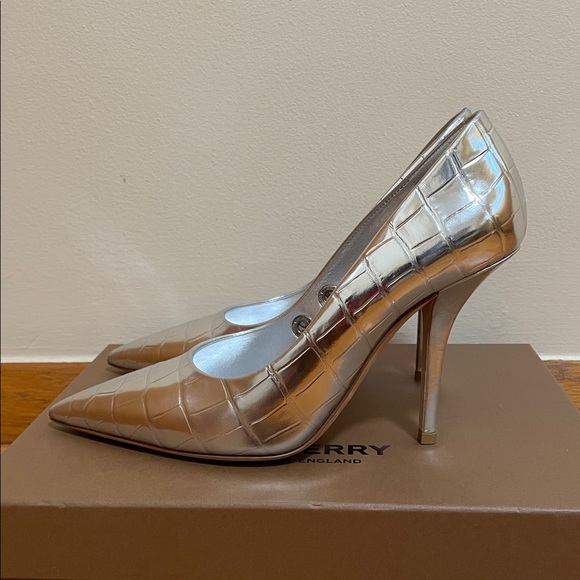 Burberry Heels Aubri Pointy Silver Leather Pumps Women's Size 38 - Picture 4 of 16